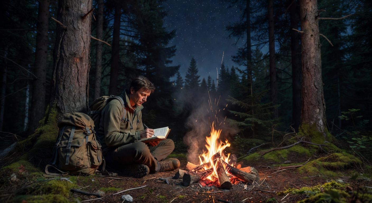 Backpacker at campfire in Morocco forest