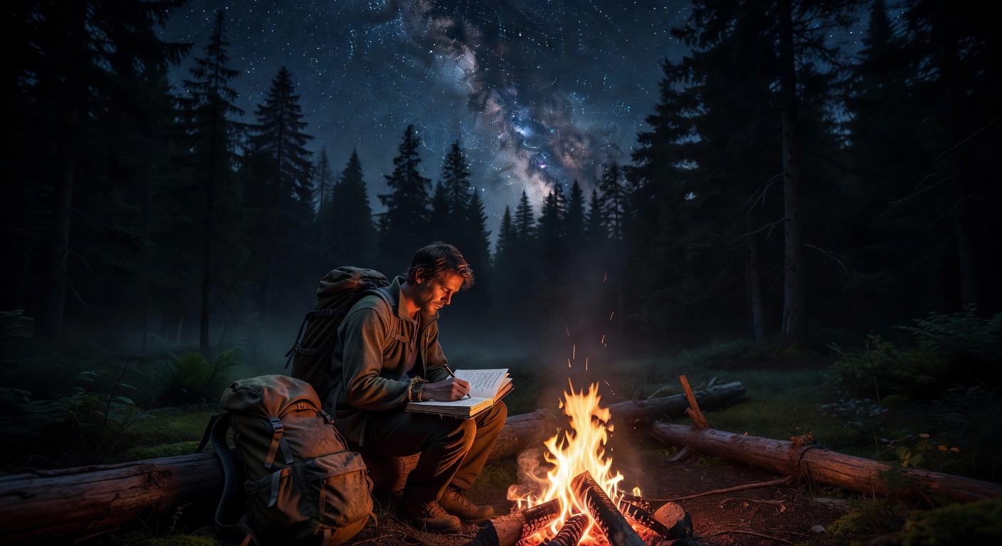 Backpacker by campfire in Portuguese forest