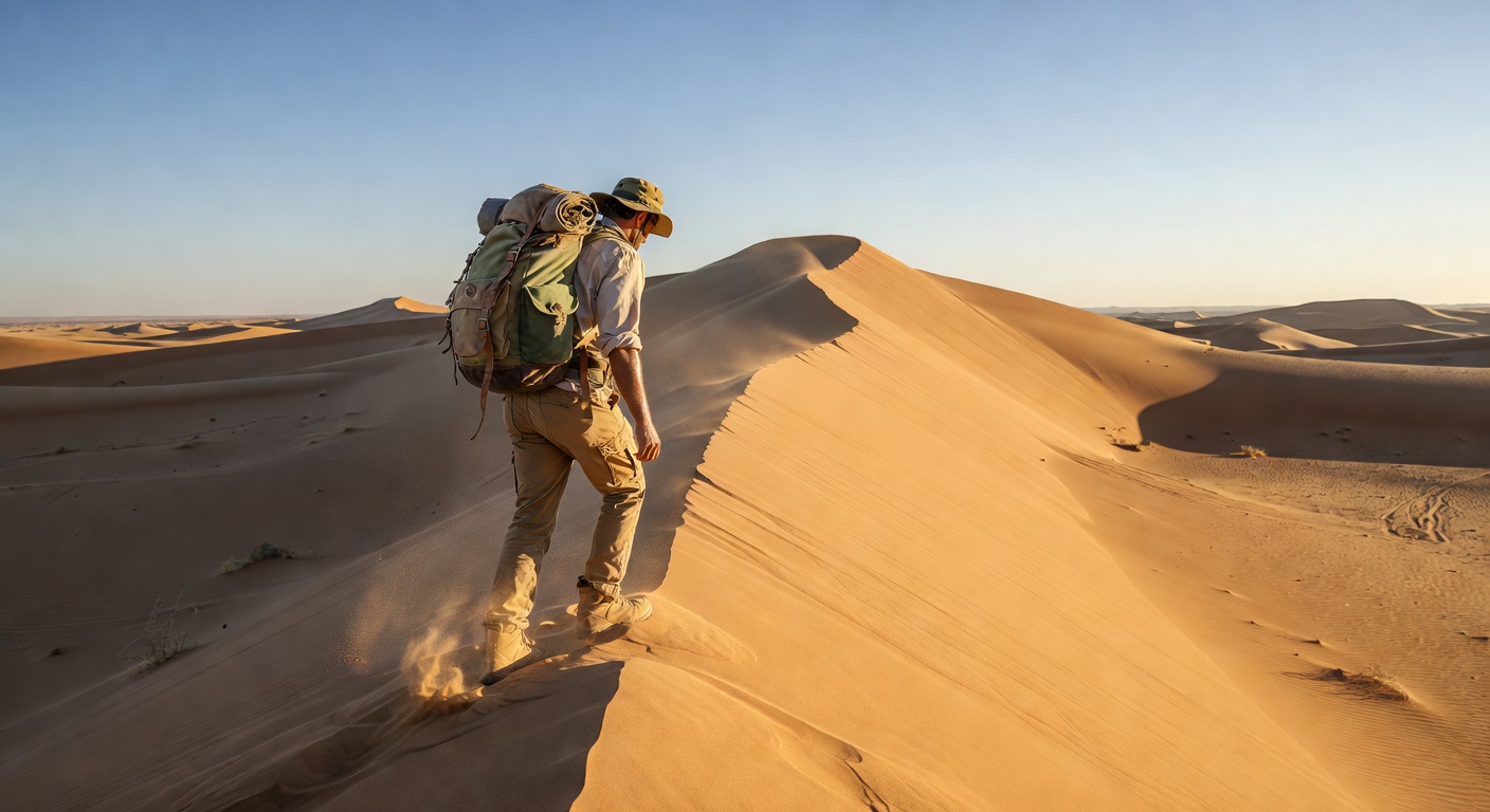 Backpacker in desert dunes