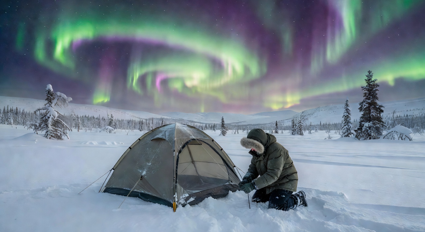 Camper under northern lights landscape