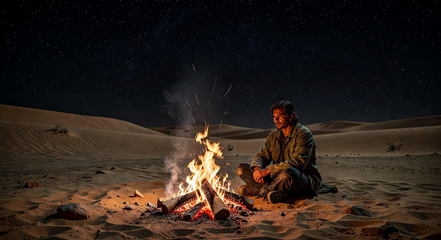 Campfire in African desert at night