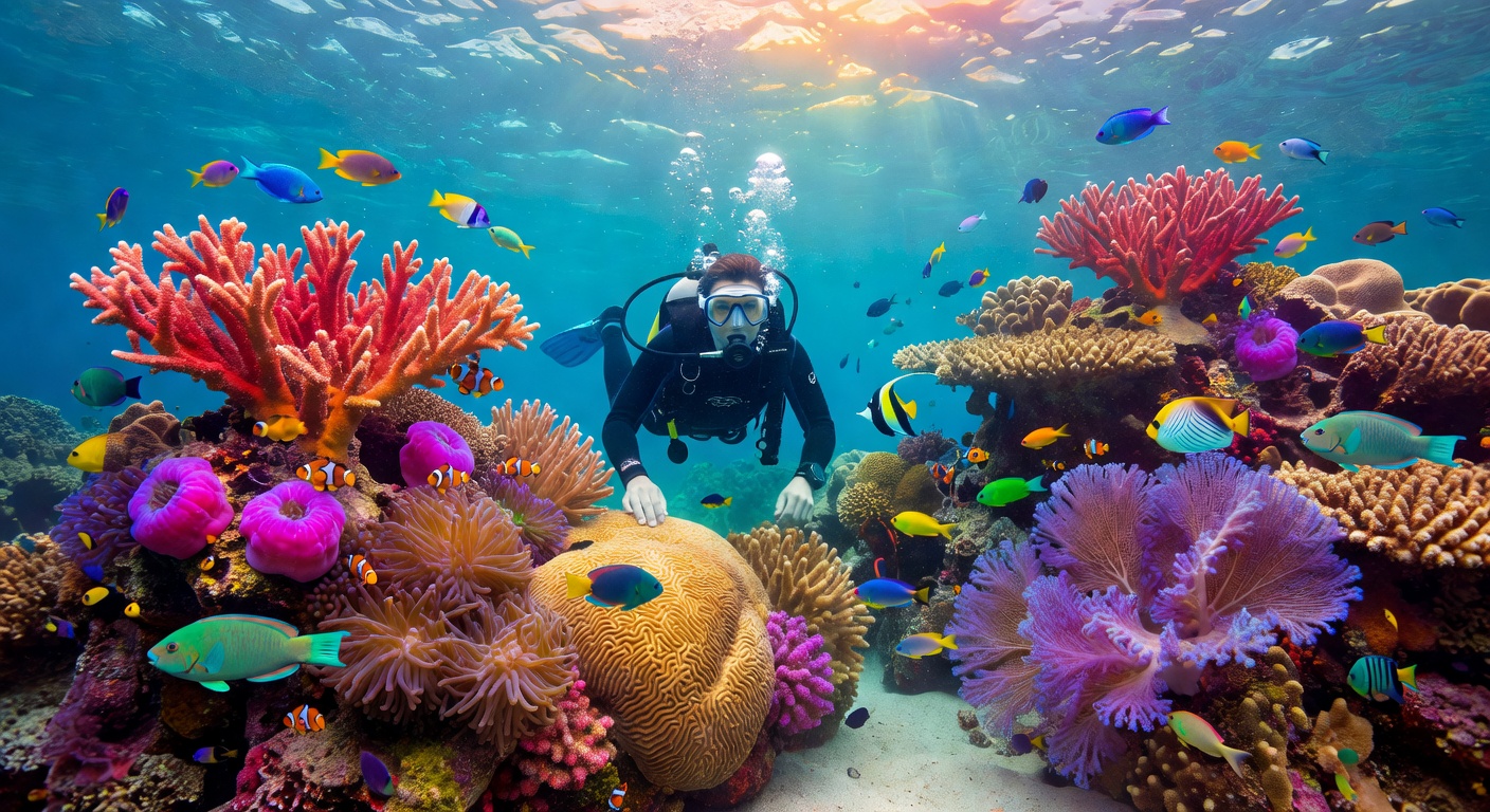 Diver at coral reef in Banff lake