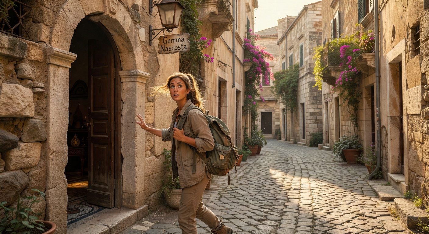 Woman explorer navigating ancient city streets confidently