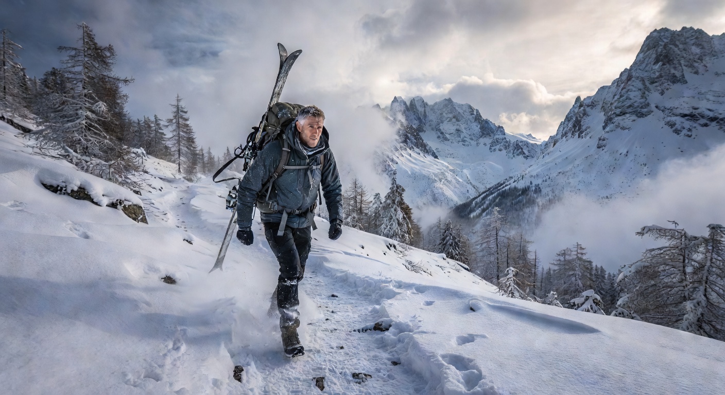 Hiker in Scottish Alps snow landscape