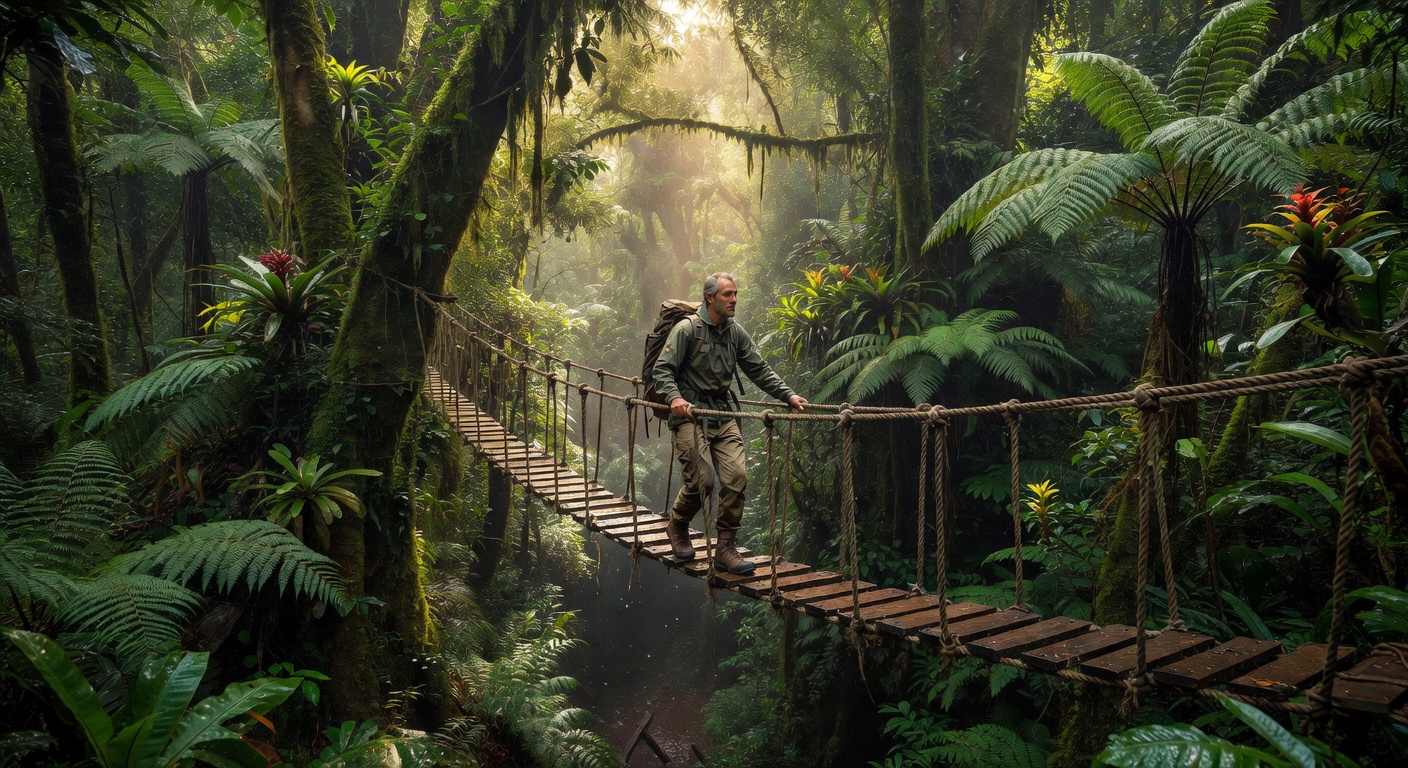Hiker in Indonesian rainforest canopy