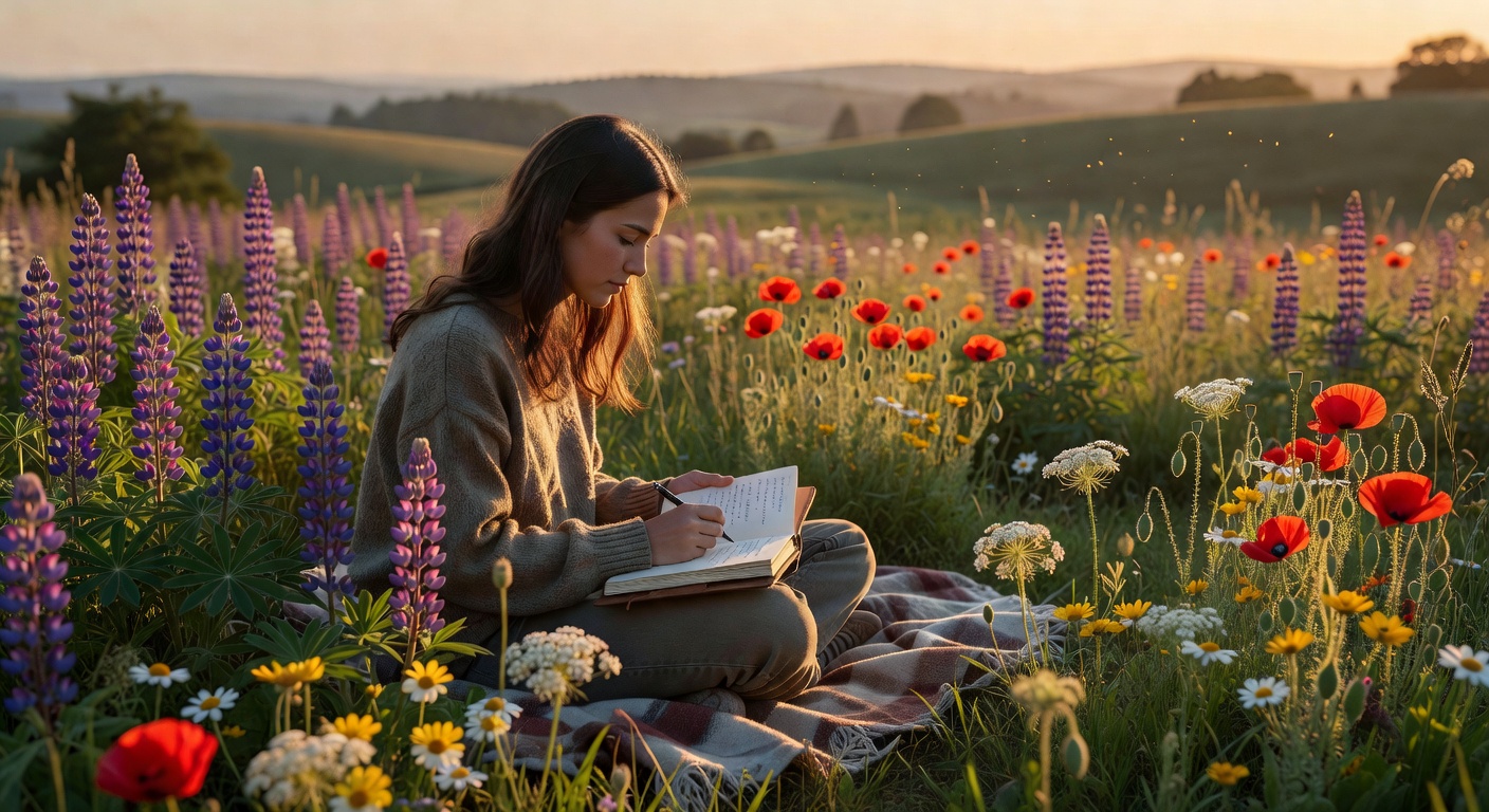 Solo traveler journaling in meadow