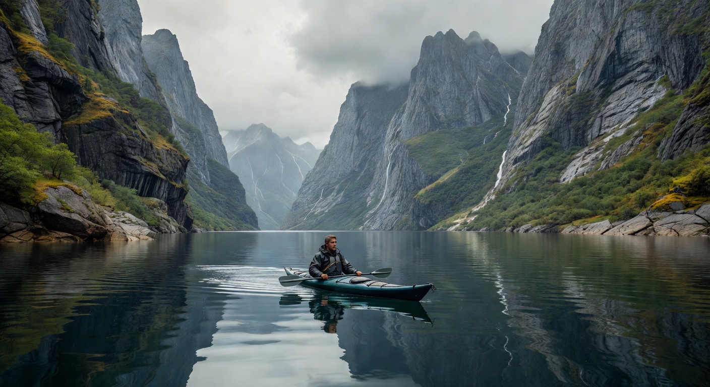 Kayaker between fjord cliffs in Norway