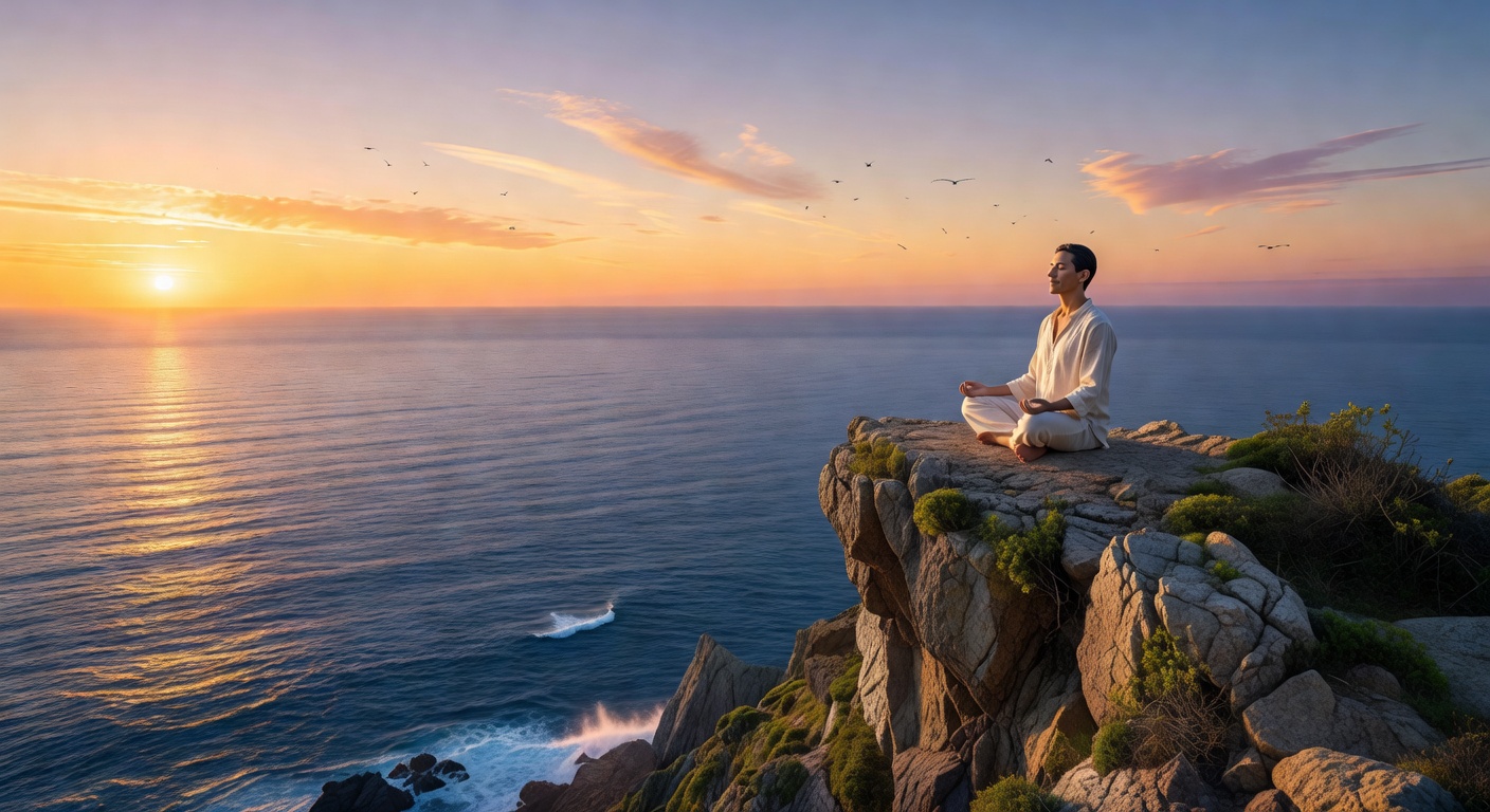 Person meditating on cliff above ocean