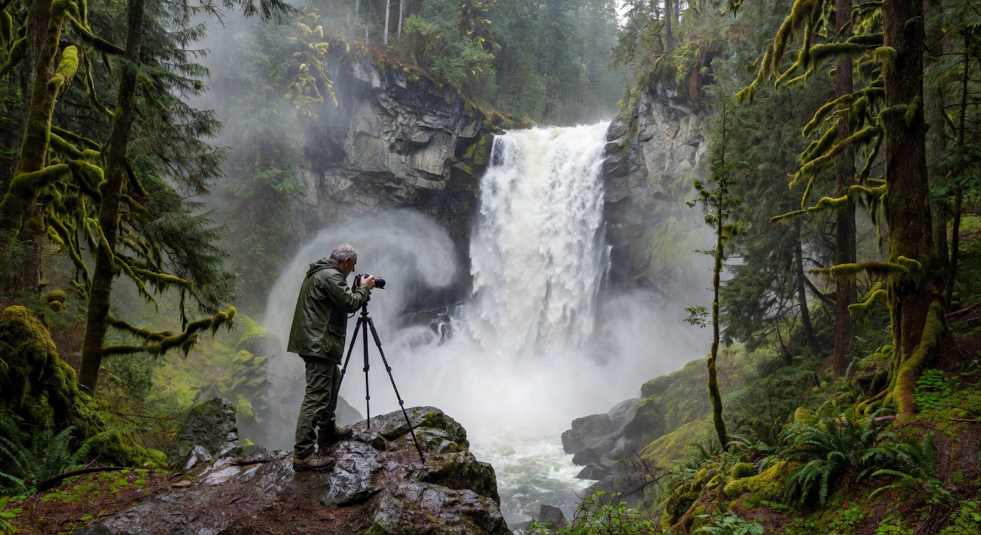 Female photographer at waterfall