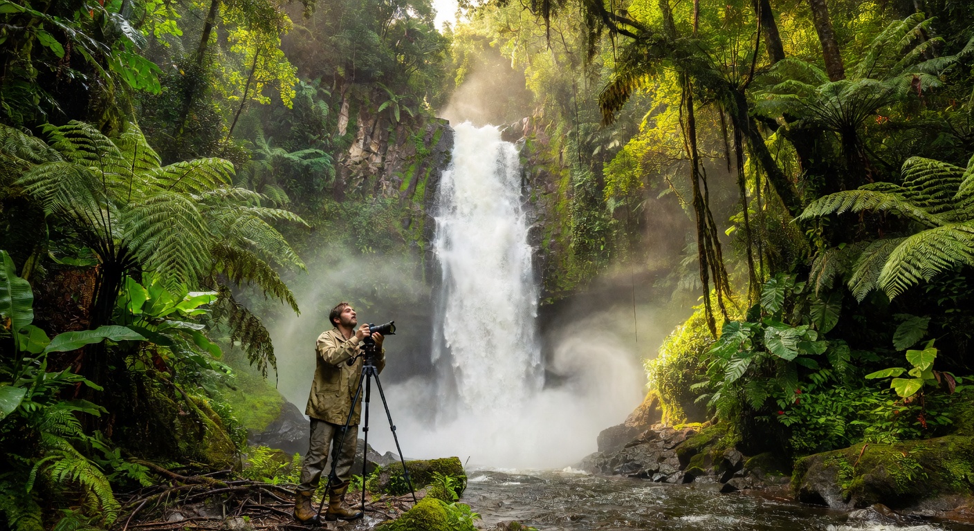 Photographer at waterfall in rainforest