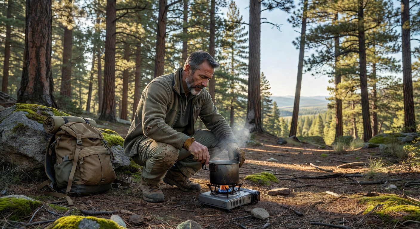 Solo camper cooking in wilderness