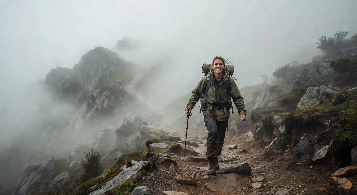 Solo hiker with clothing on mountain trail