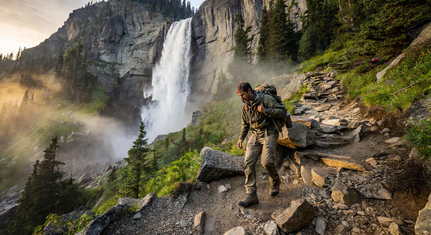 Solo hiker on waterfall trail with documents