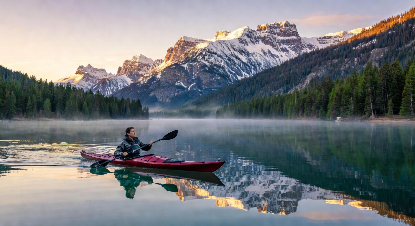 Solo kayaker on mountain lake Americas
