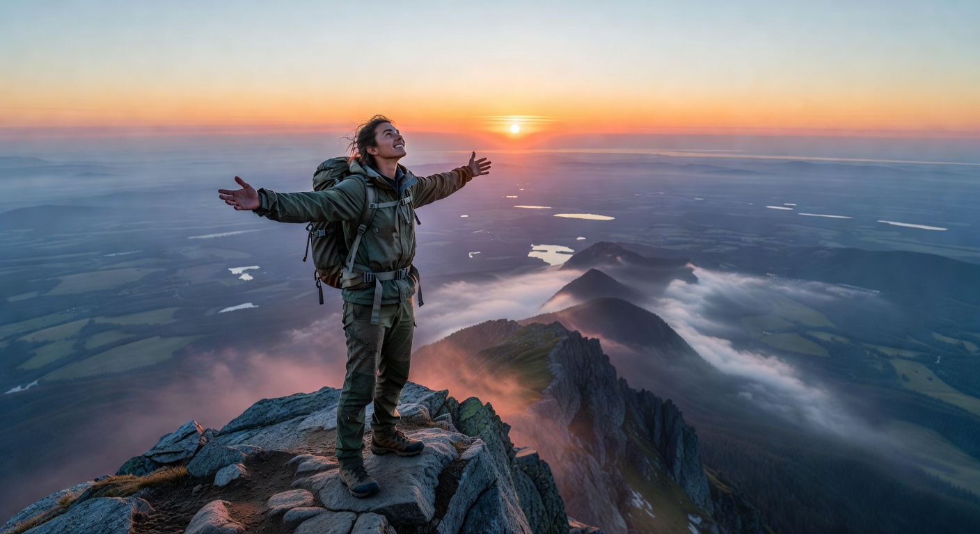 Solo traveler at mountain sunrise