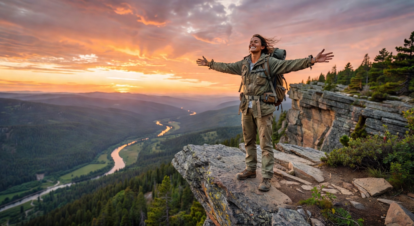 Traveler standing on cliff edge feeling free