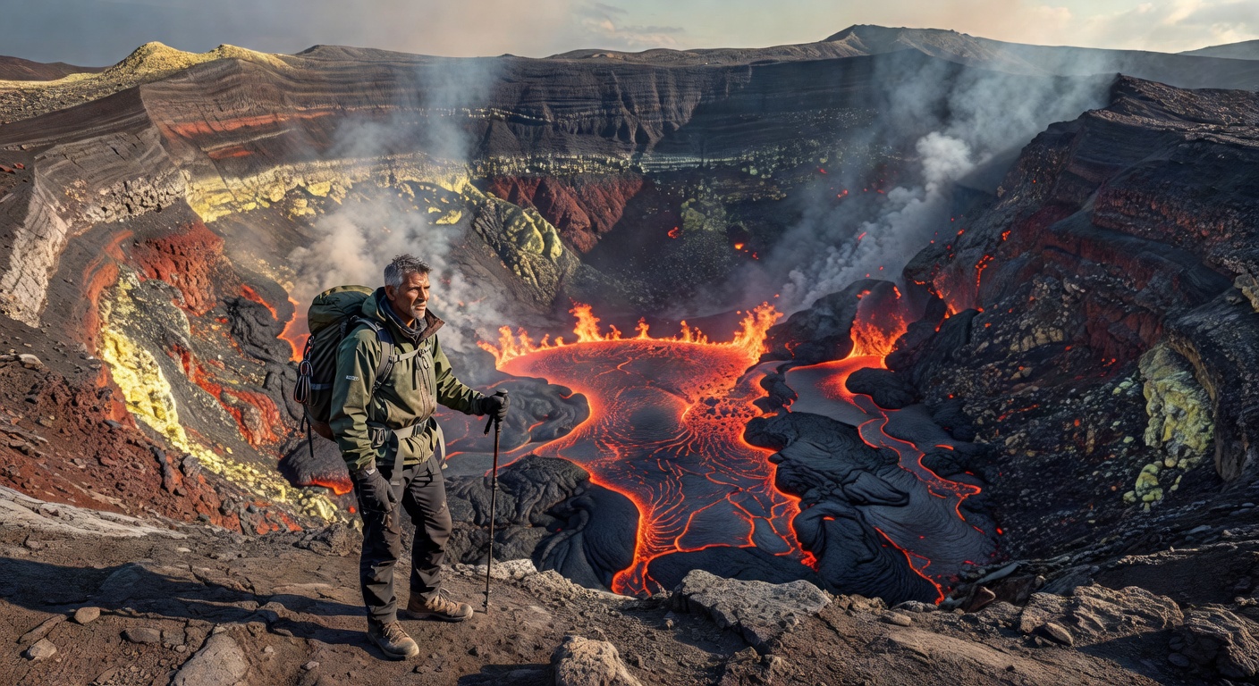 Trekker at volcano crater Peru
