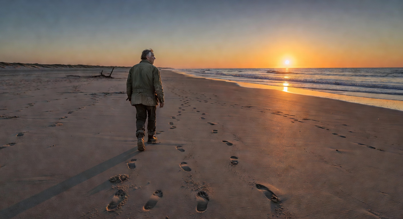 Wanderer walking on beach at sunset
