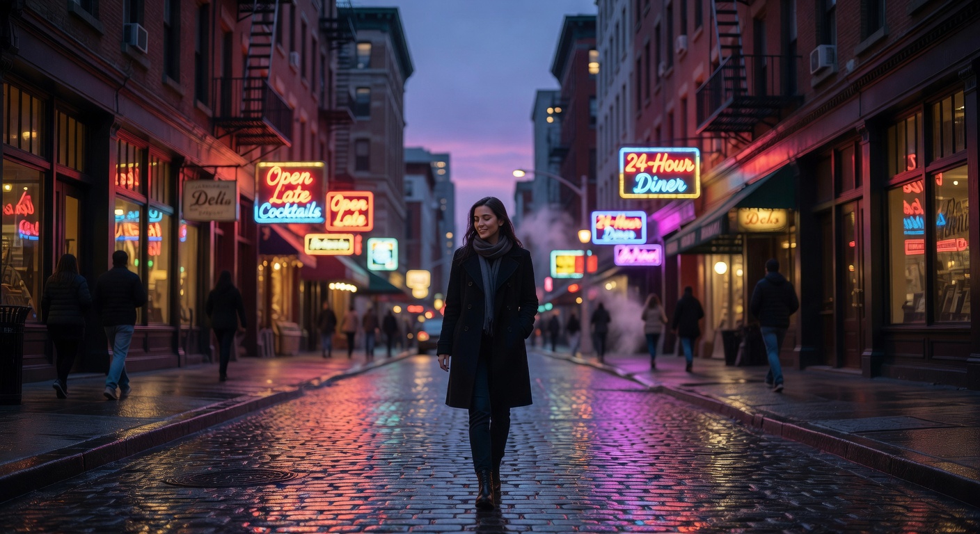 Woman walking on city street at dusk
