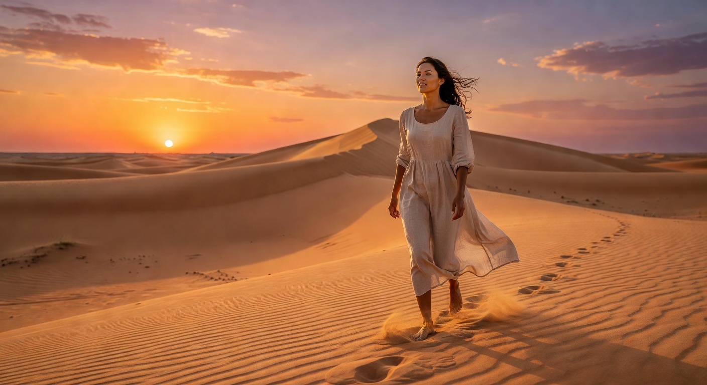 Woman on sandy Namibian dune at sunset