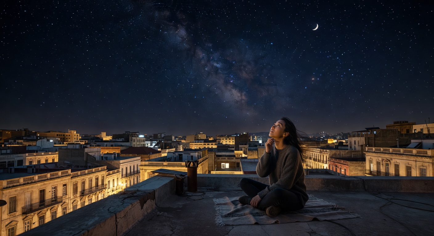 Woman stargazing from city rooftop