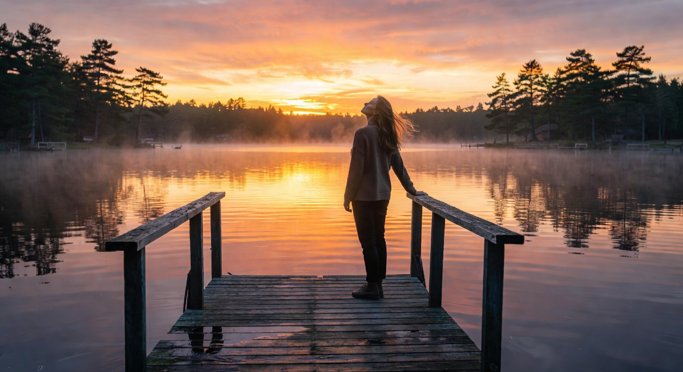 Woman at sunrise on lake dock